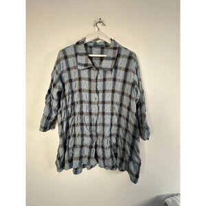 Cut Loose Womens Plaid Crinkle Button-Up Shirt Medium Blue & Gray Linen Blend